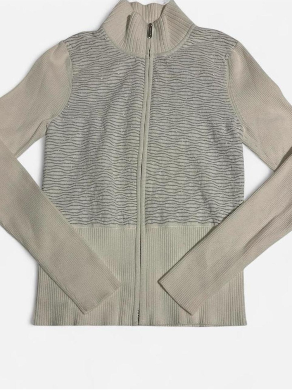 White House Black Market Neutral Beige Zip-Front Ribbed Turtleneck Sweater